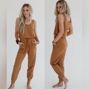 Three Bird Nest Jumpsuit Women Size XL Brown Tan Bohemian Boho Style